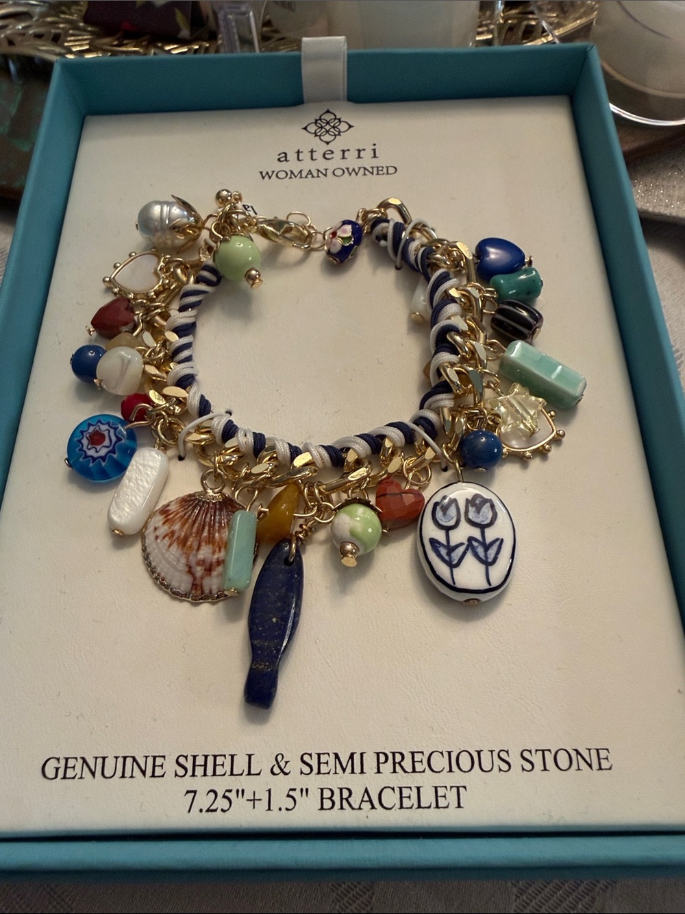 atterri Blue Multi-Charm Shell & Semi-Precious Bracelet
